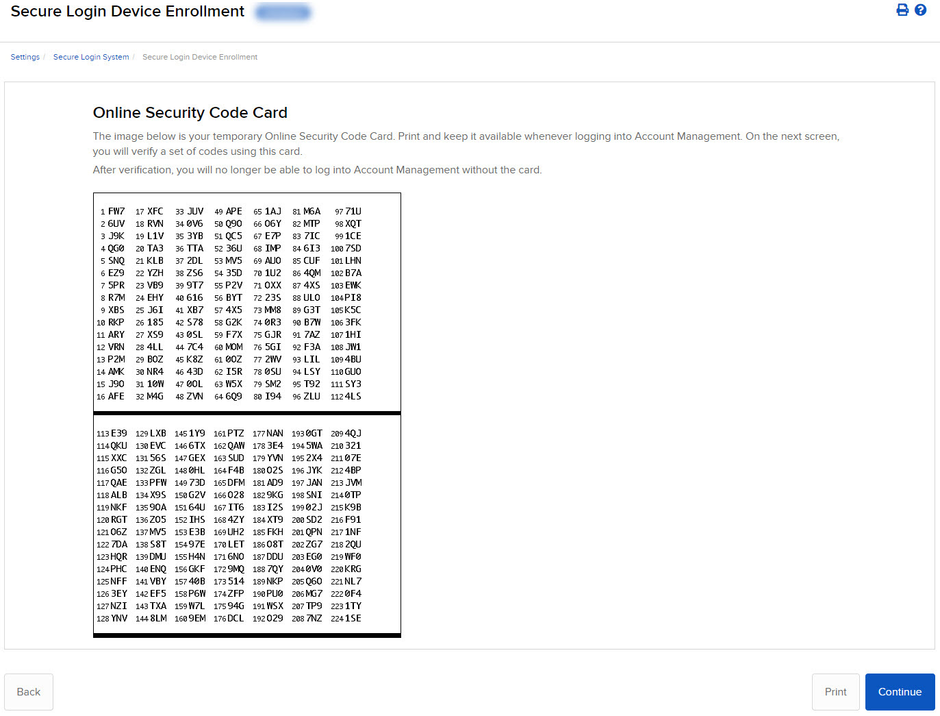 The online security code card section in portal. 